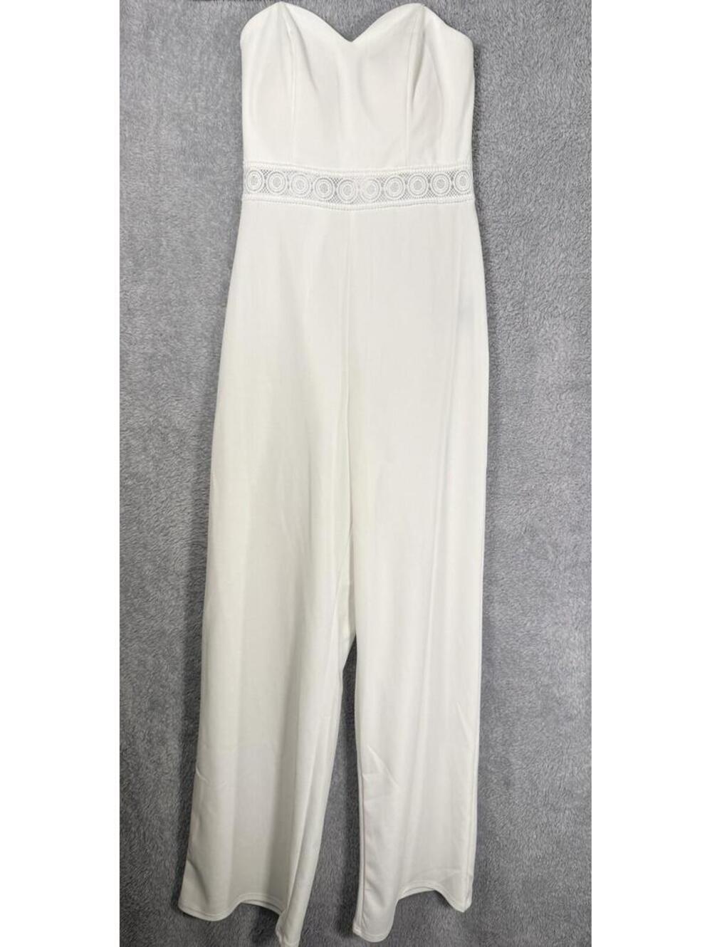 Trixxi White Strapless Jumpsuit Crochet Lace Waist Sweetheart Wide Leg Size S